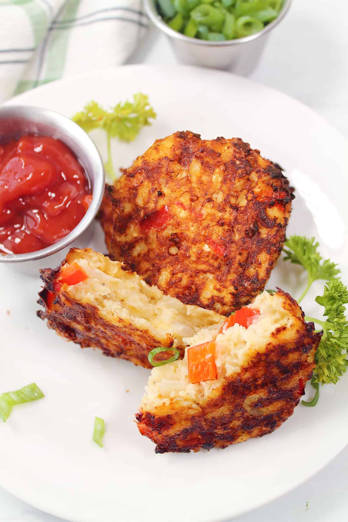 Halved air fried hash brown showing inside.