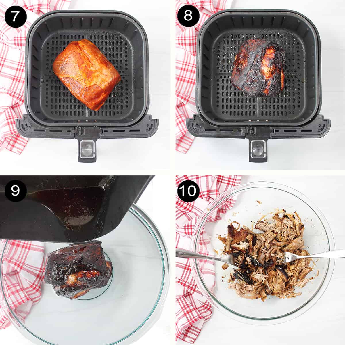 Air frying and shredding steps.