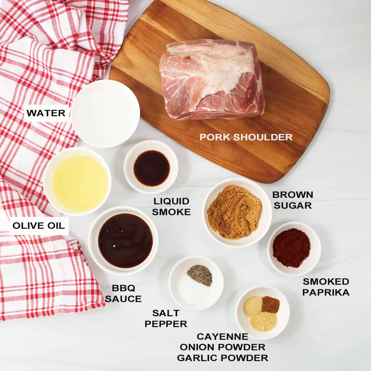 Ingredients for pork butt pulled pork.