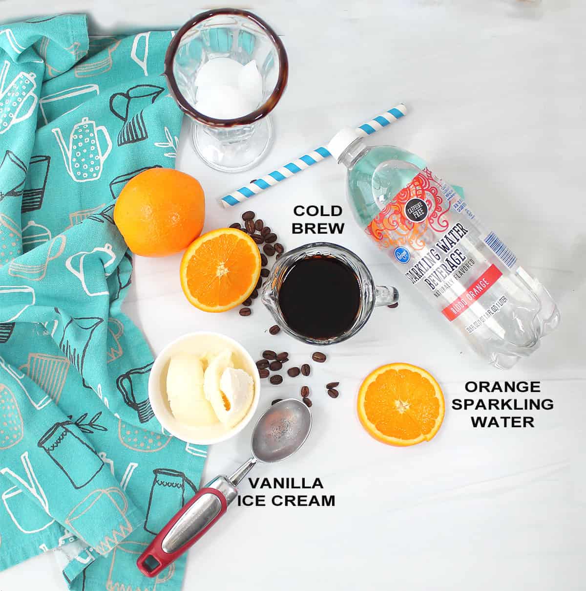 Ingredients for coffee ice cream float.