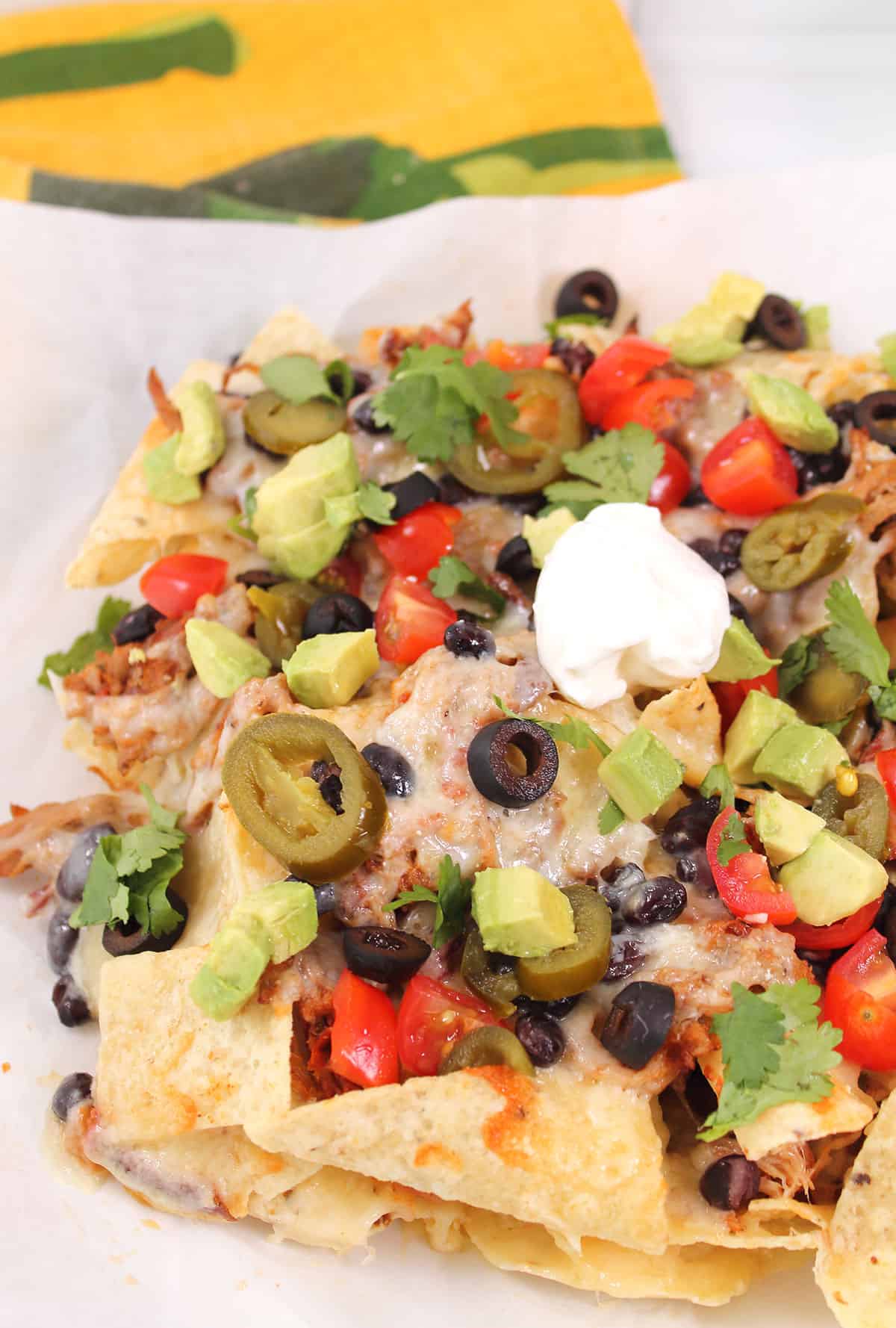 Closeup of pulled pork nachos toppings.
