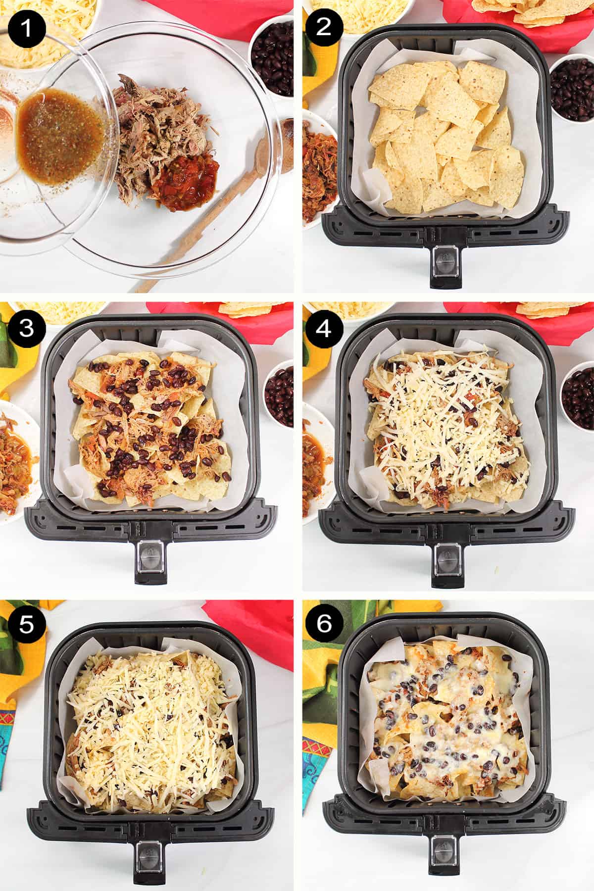 Prep steps to make pulled pork nachos in air fryer.