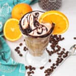 Cold brew float with chocolate sauce.