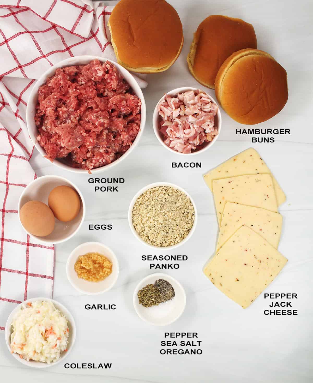 Ingredients for pork burgers recipe.