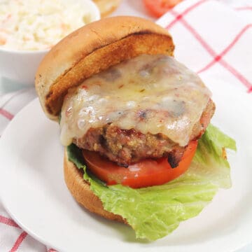 Plated pork burger with lettuce, tomato and cheese.