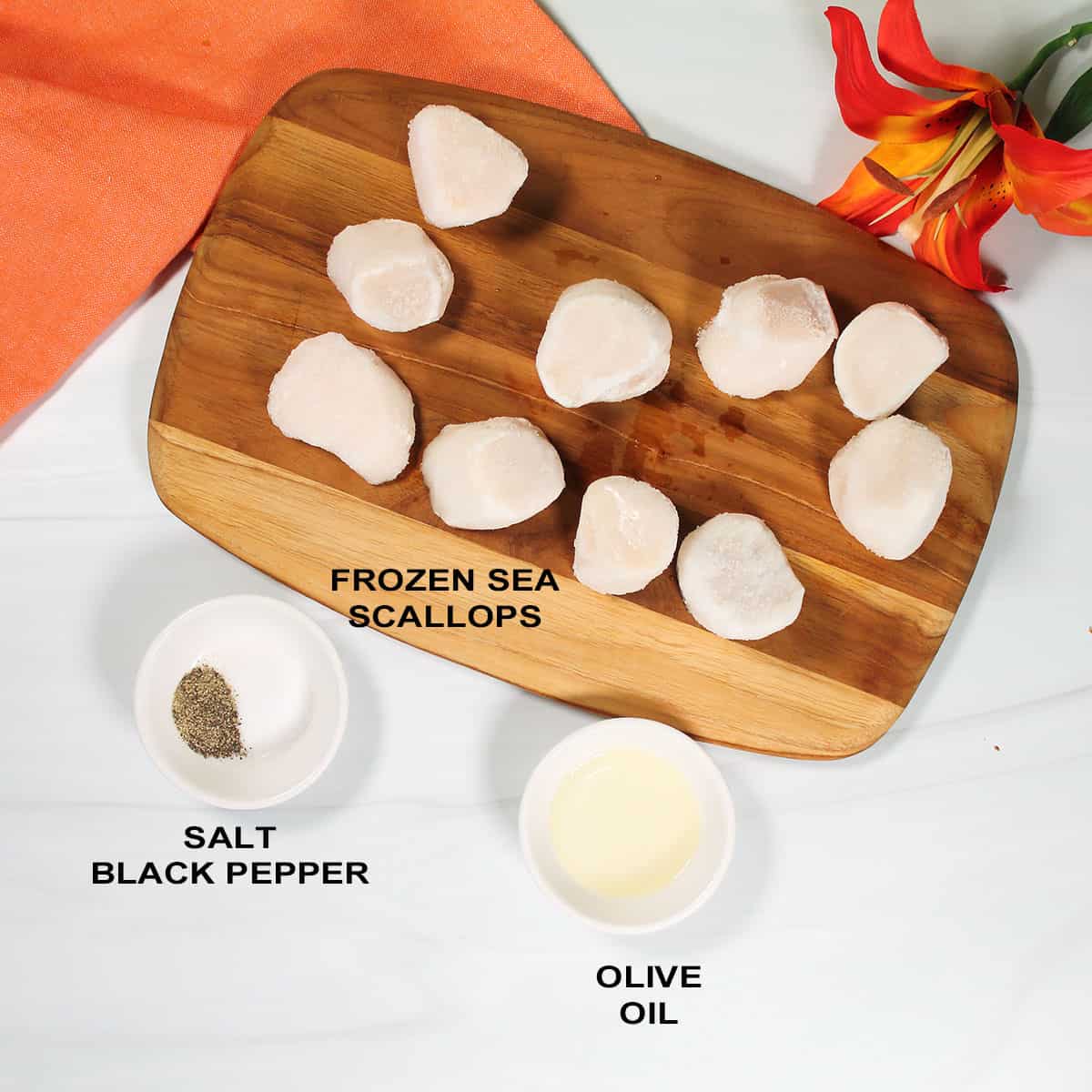 Ingredients for air fryer scallops from frozen.