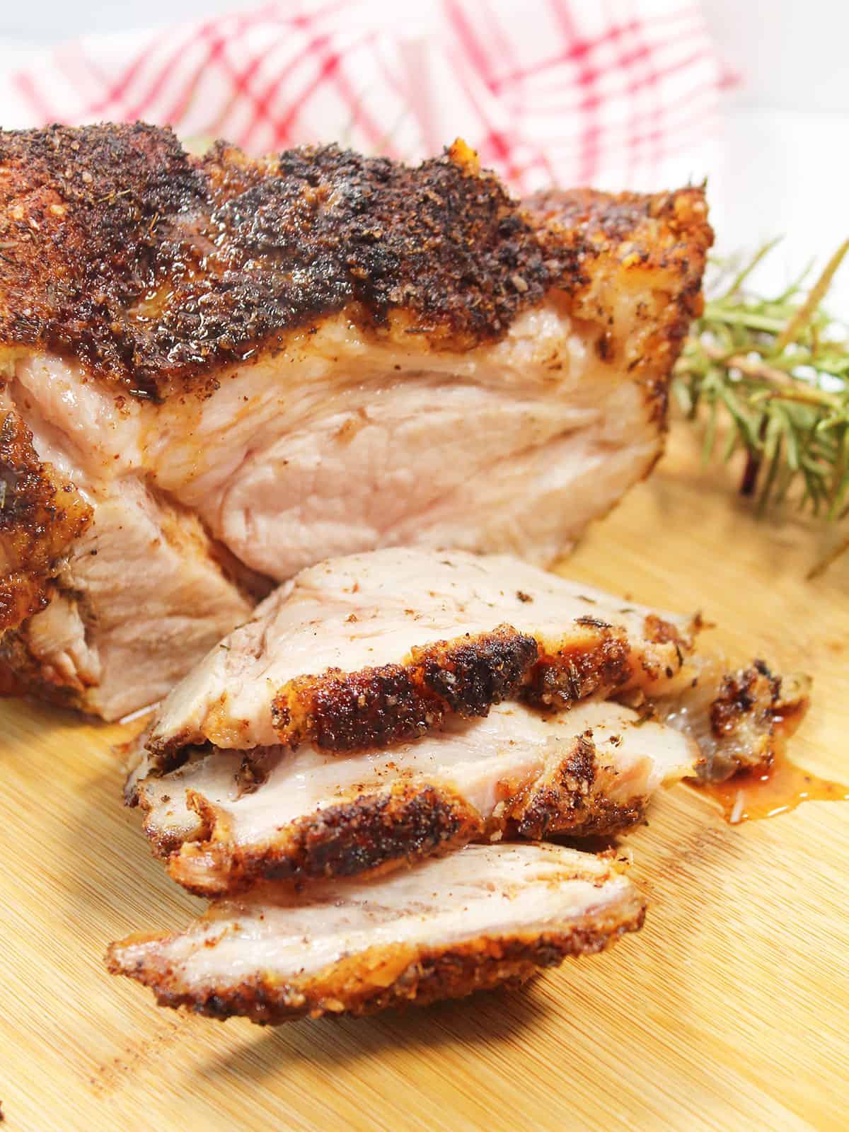 Closeup of air fryer roast pork with crackling.