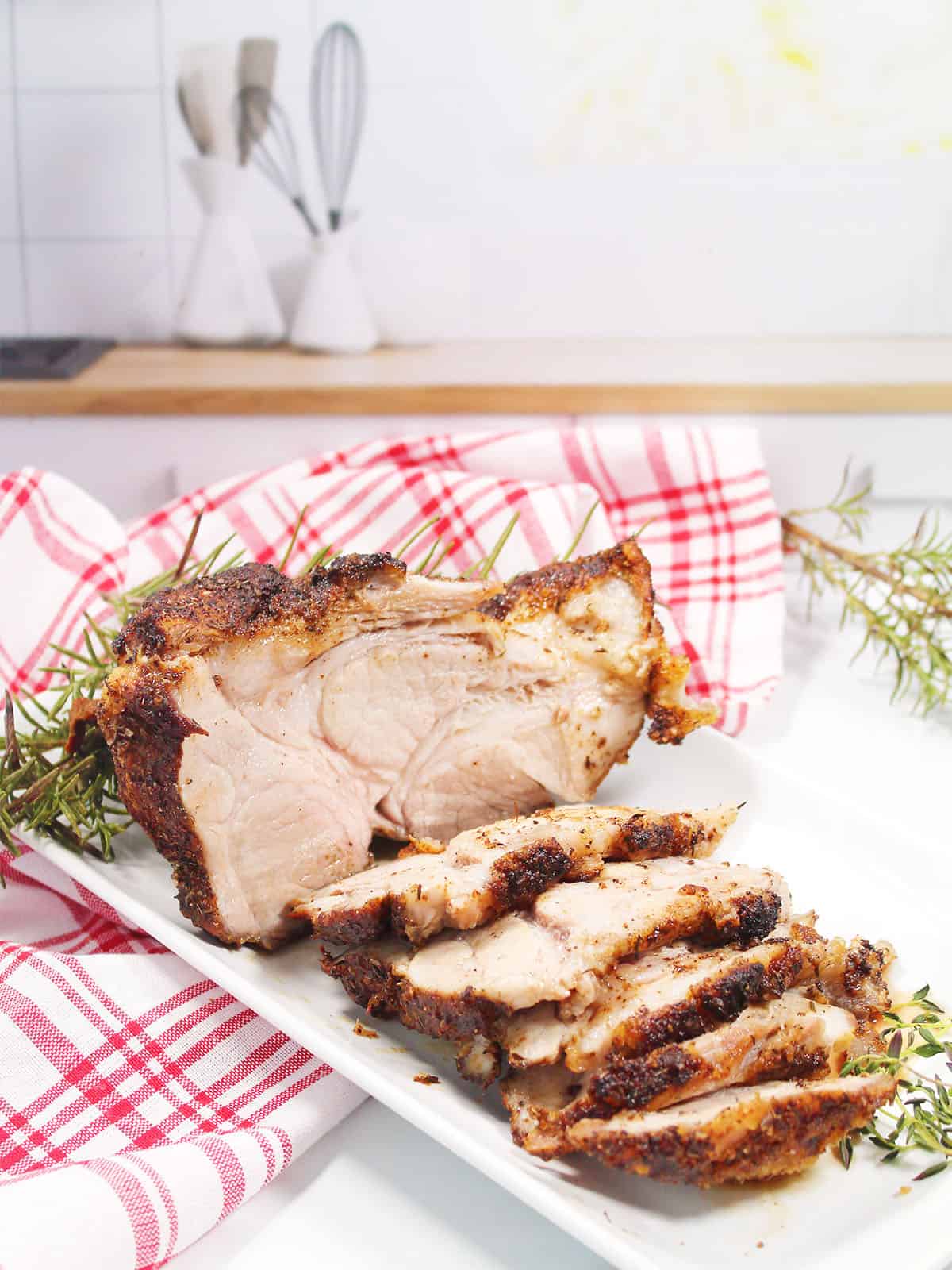 Air Fryer Roast Pork Shoulder on platter.