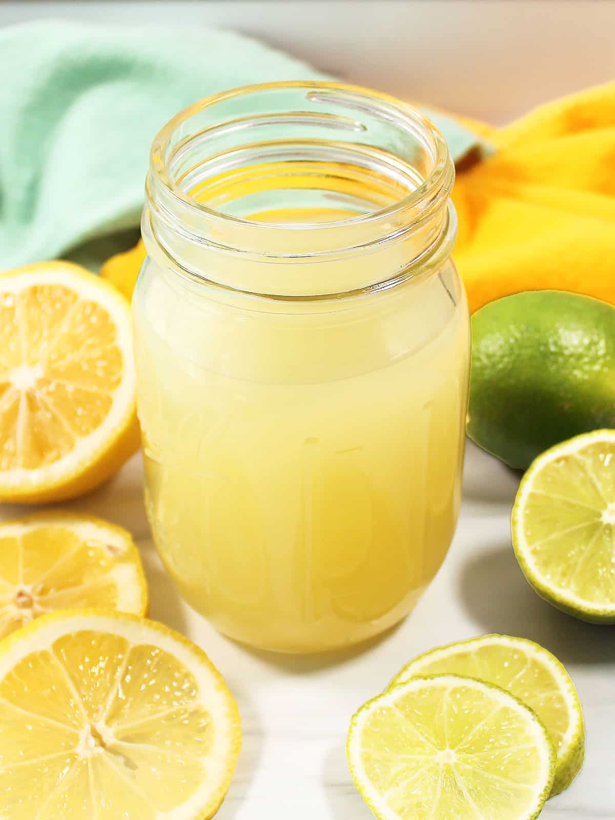 Closeup of sweet and sour mix in mason jar.