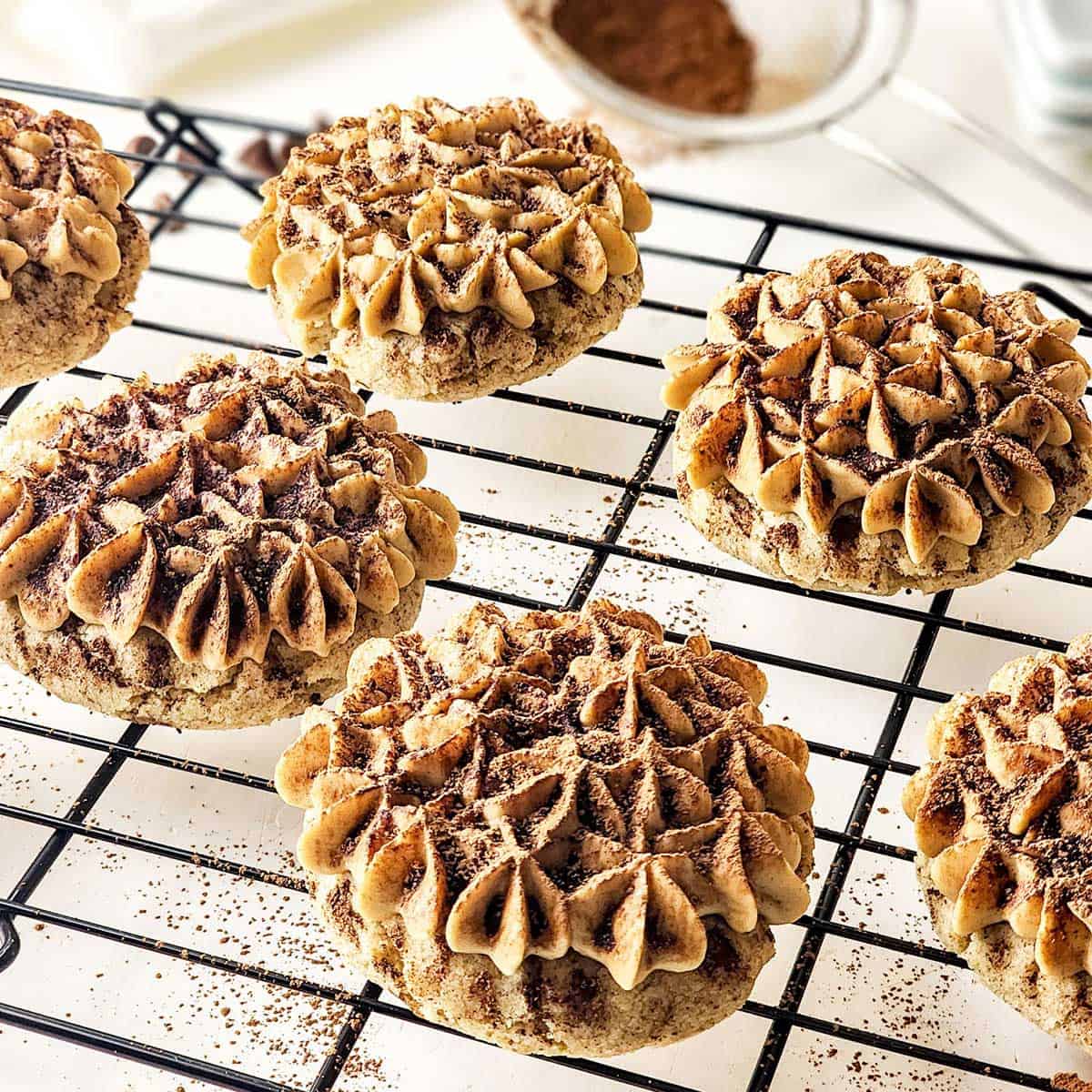 Finished Tiramisu Cookies on wire rack.