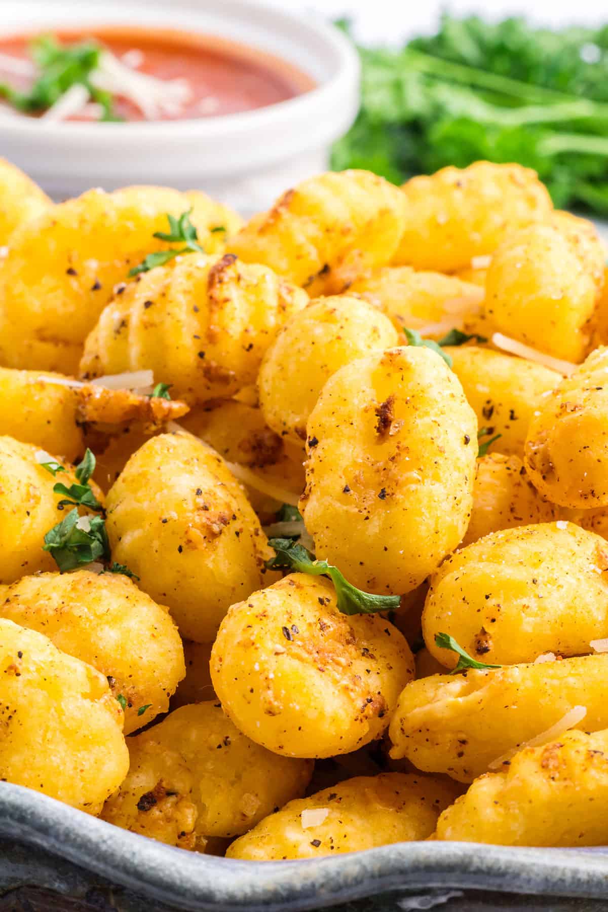 Air Fryer Gnocchi in bowl closeup.
