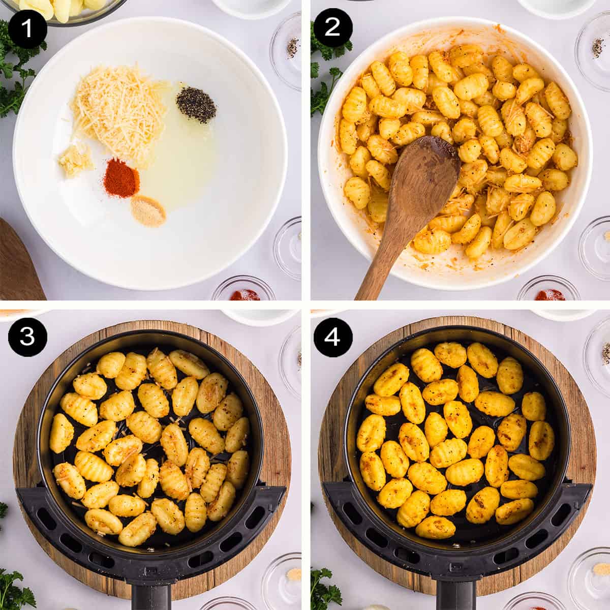 Prep steps showing how to air fry gnocchi.