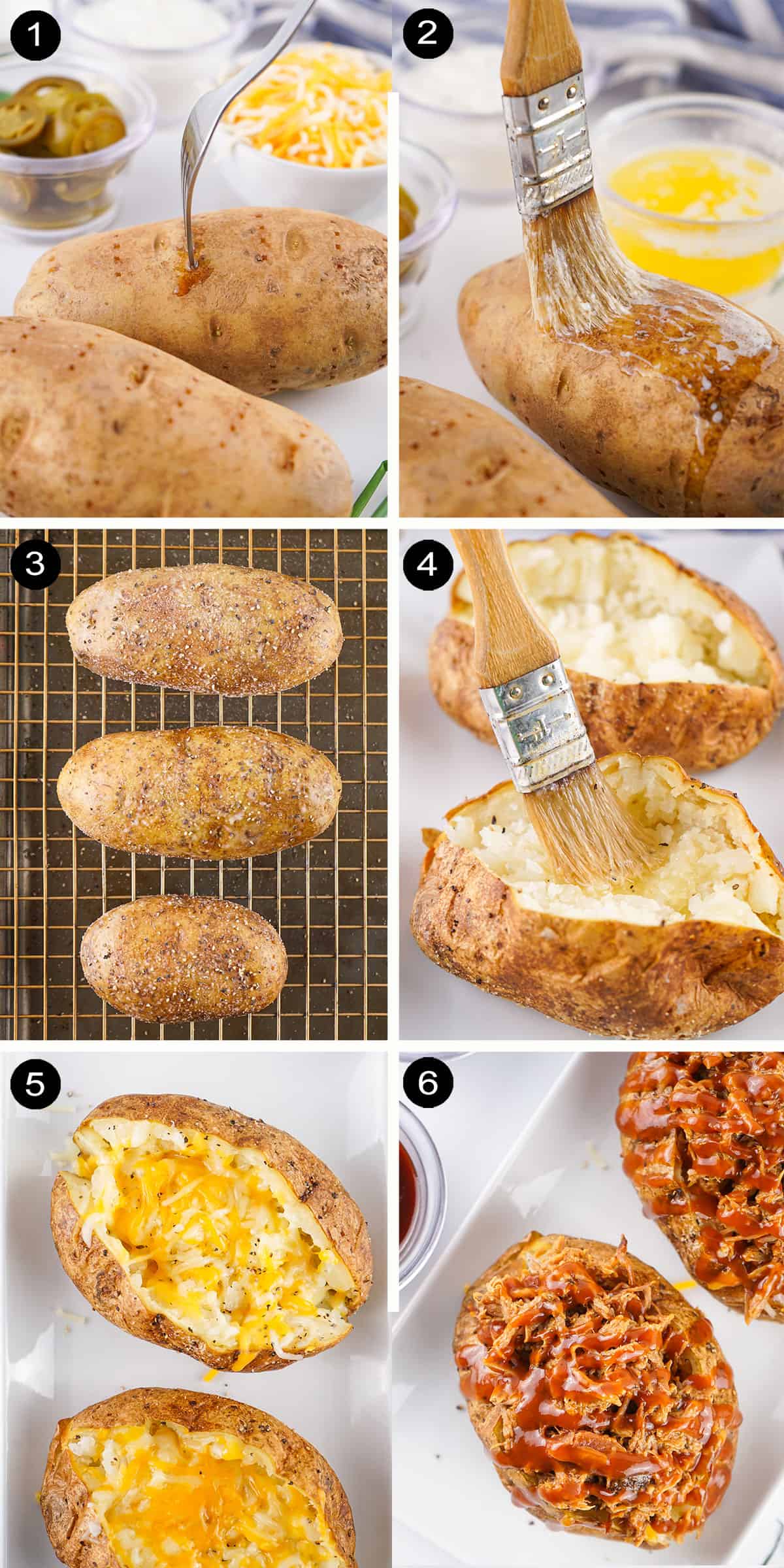 Prep steps for baking and stuffing potatoes.