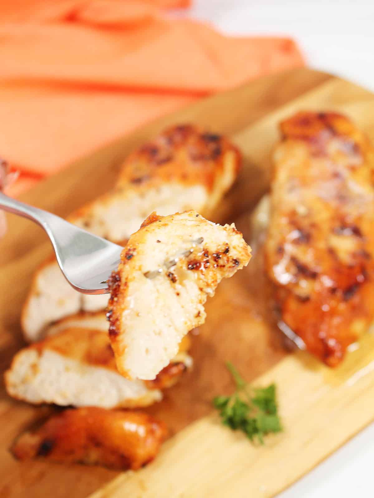 Bite of air fried chicken breast, cooked from frozen.