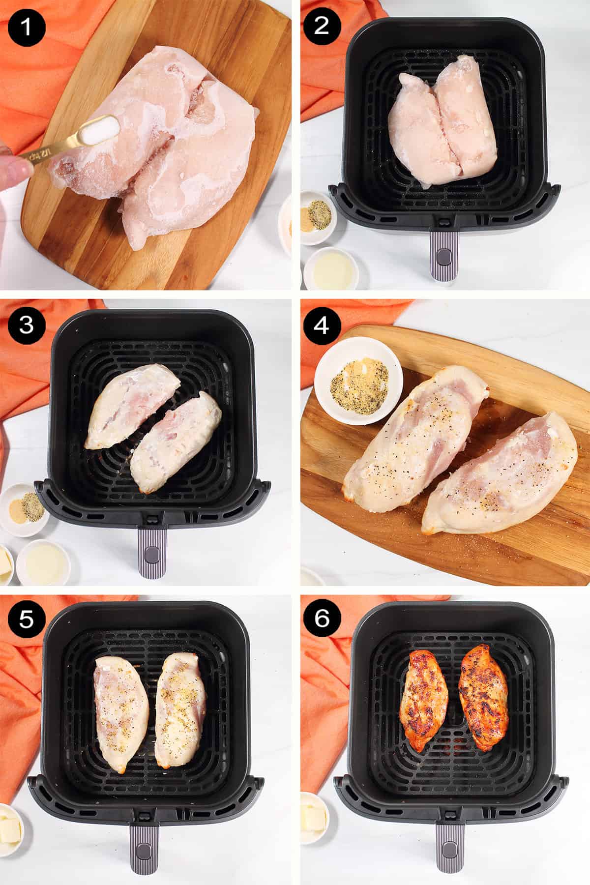 Steps for prepping and air frying frozen chicken breasts.