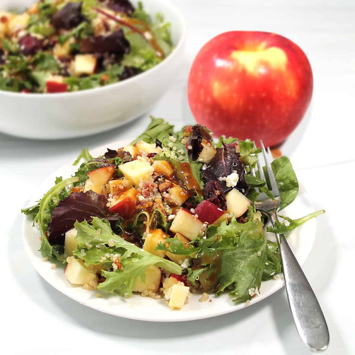 Plated autumn salad with bowl in back.