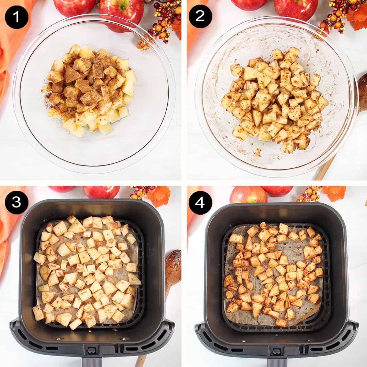 Prep steps for air fried apples.