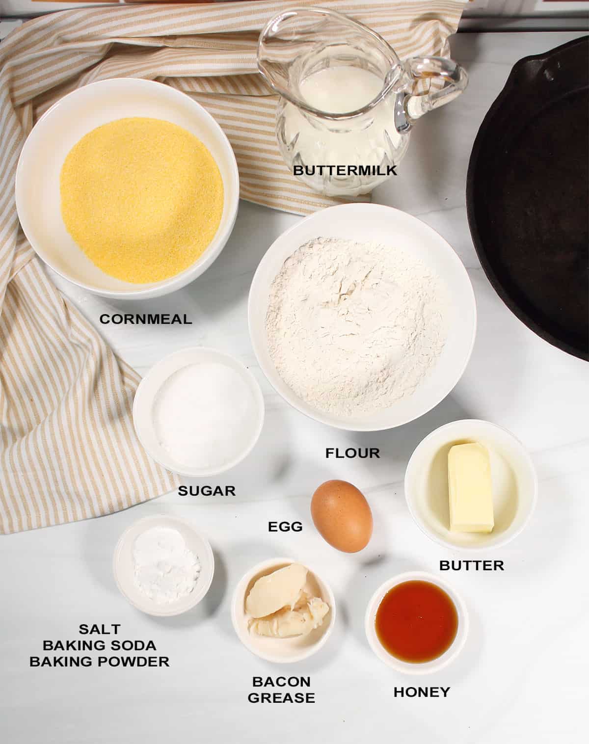 Ingredients for skillet cornbread recipe.