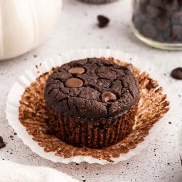 Chocolate Protein Muffins with wrapped peeled off.