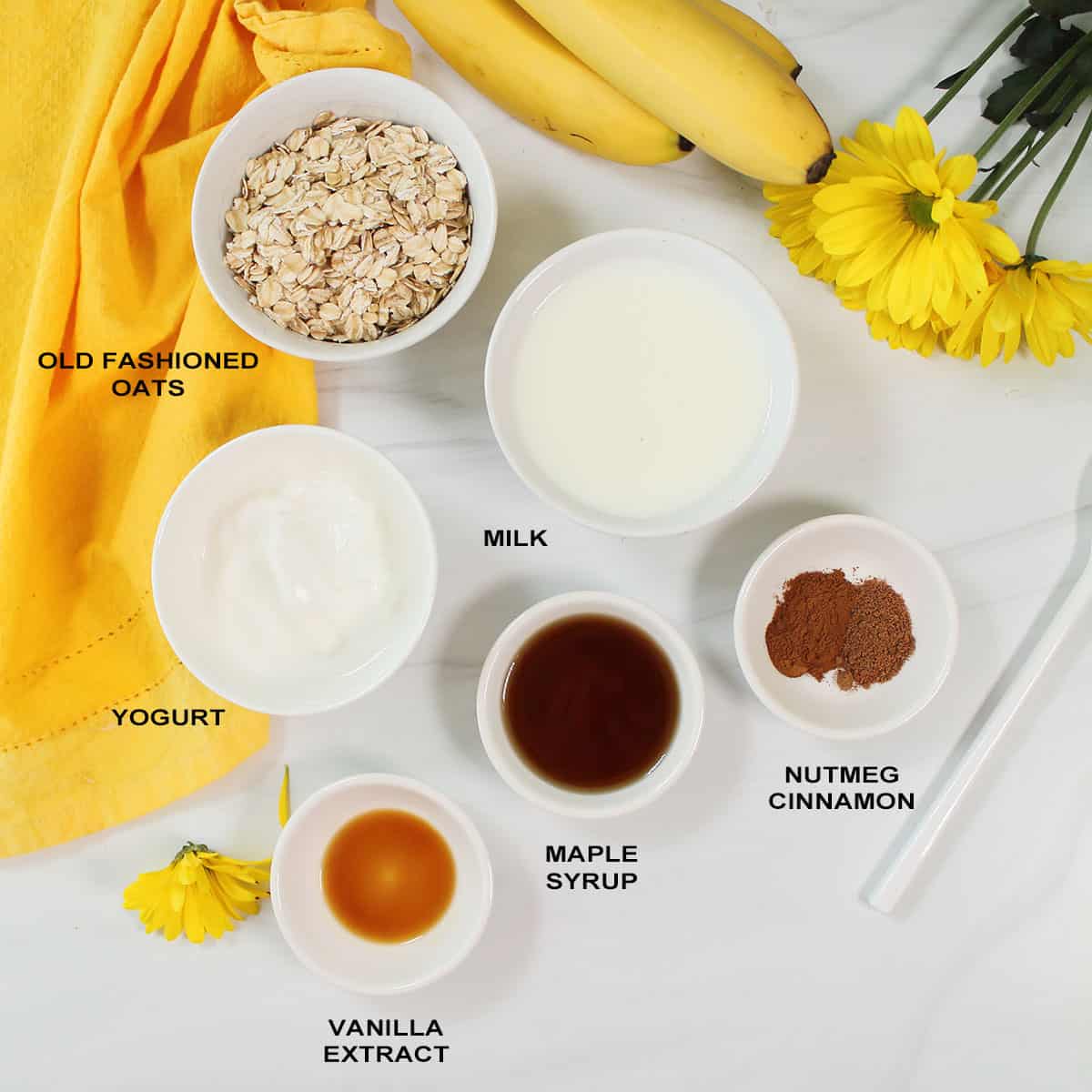 Ingredients for overnight oats with French Toast flavor.