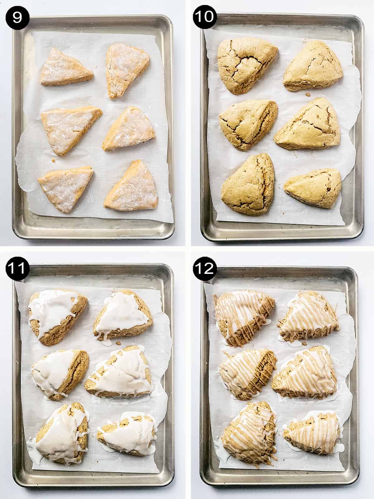 Baking and frosting steps to finish scones.