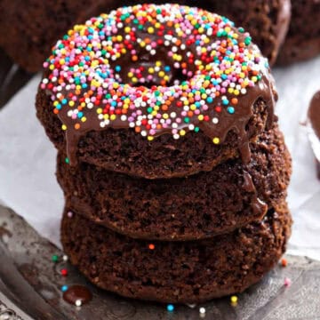 Stacked Chocolate Protein Donuts.