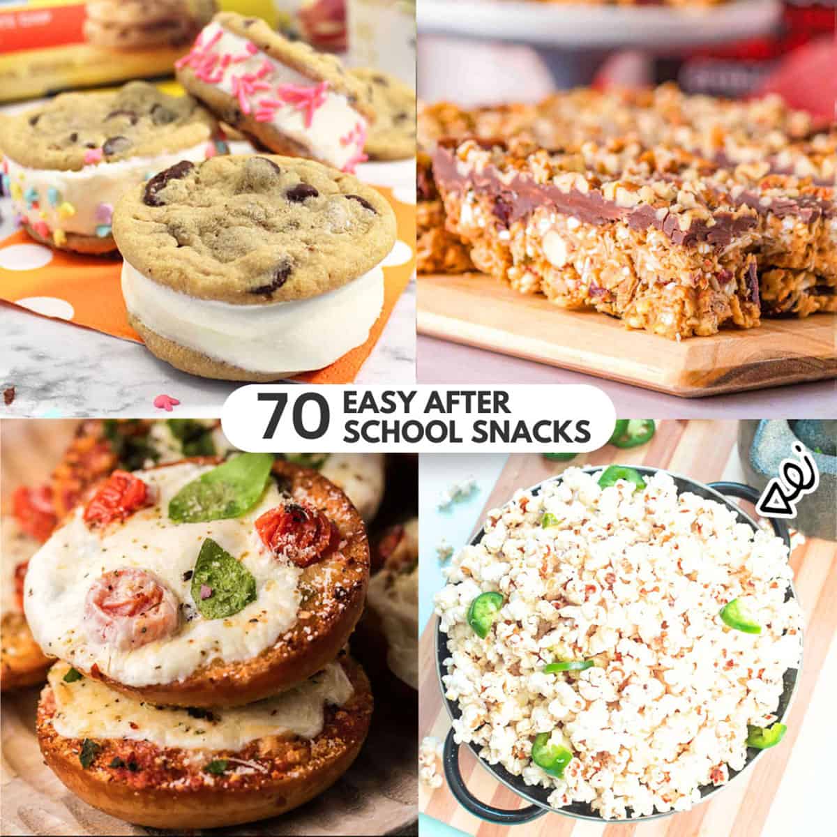 Collage depicting some of the 70 easy after school snacks to make for kids.