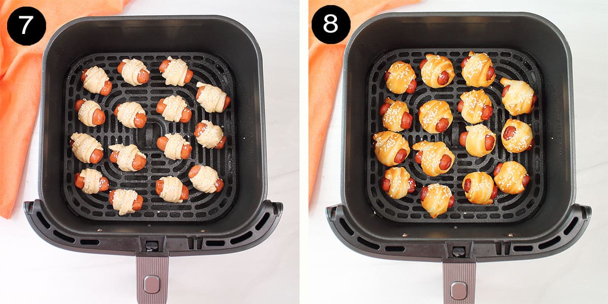 Air frying pigs in blanket in the air fryer.