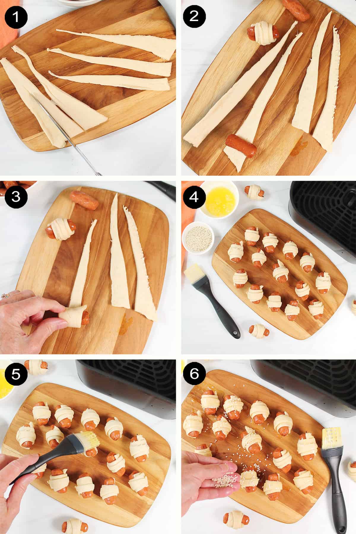 Prep steps to make pigs in a blanket in the air fryer with crescent rolls.