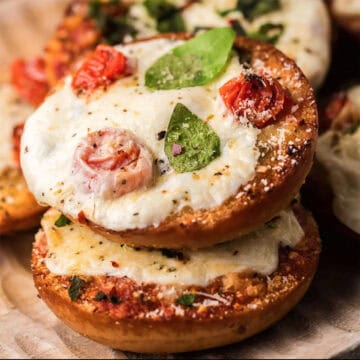 Closeup of mini pizza bagel bites.
