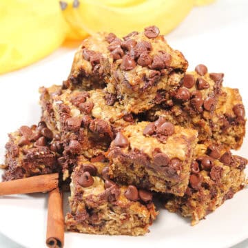 Plateful of Banana Oatmeal Chocolate Chip Bars.
