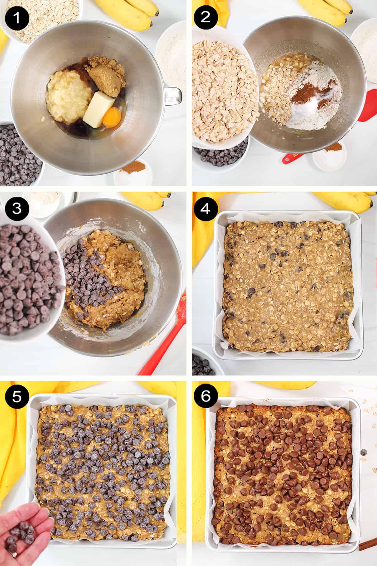 Steps to make banana chocolate chip bars.