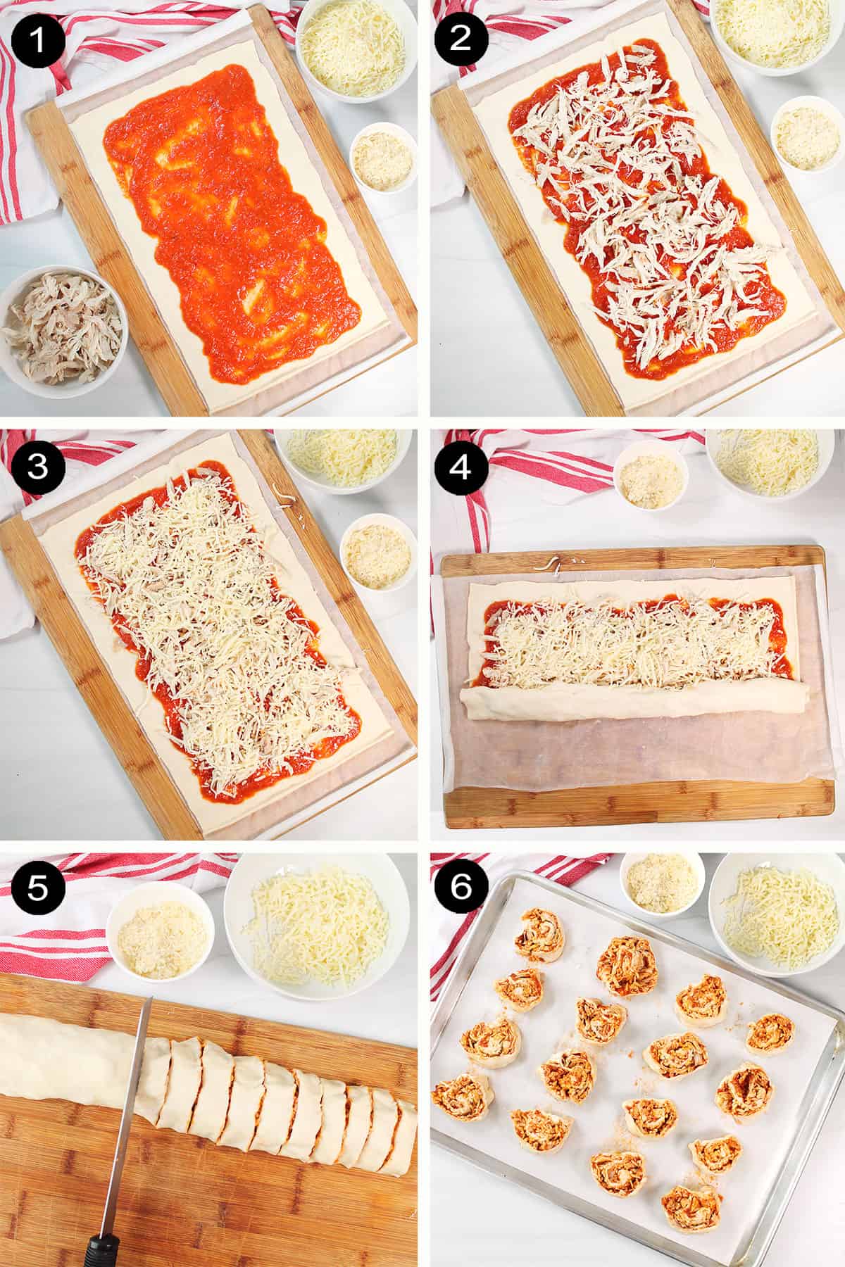 Steps to make chicken parmesan pinwheels.