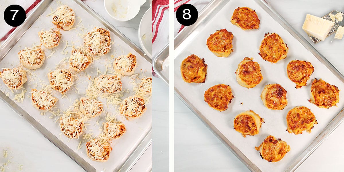 Unbaked and baked chicken pinwheels on baking sheet.