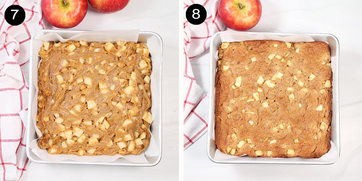 Unbaked and baked cinnamon apple blondies.