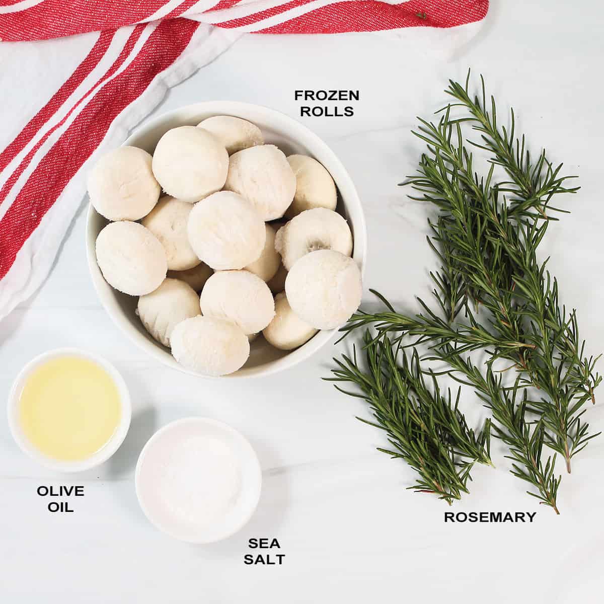 Ingredients for focaccia using frozen rolls.