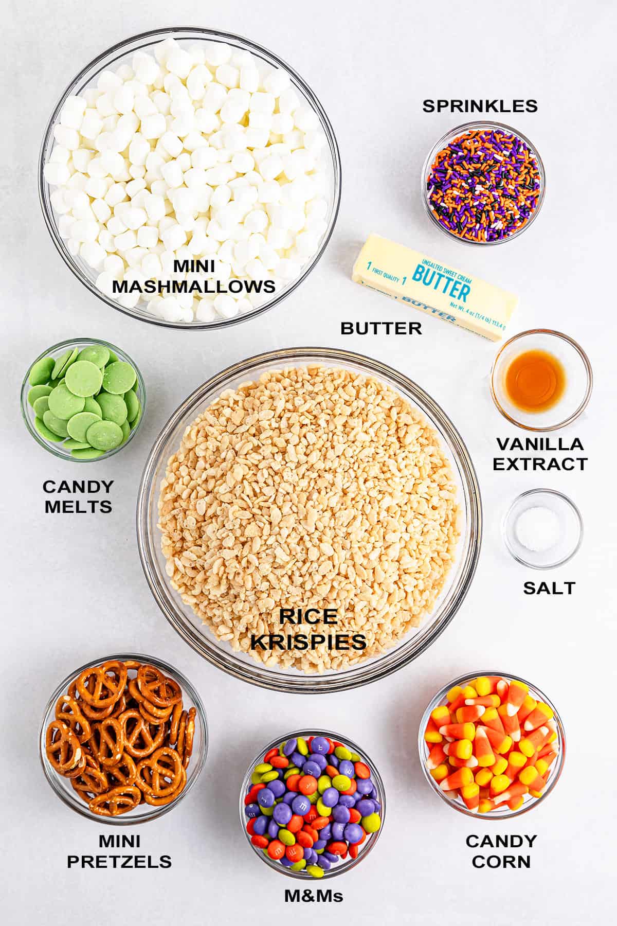 Ingredients for Halloween Rice Krispie Treats labeled.