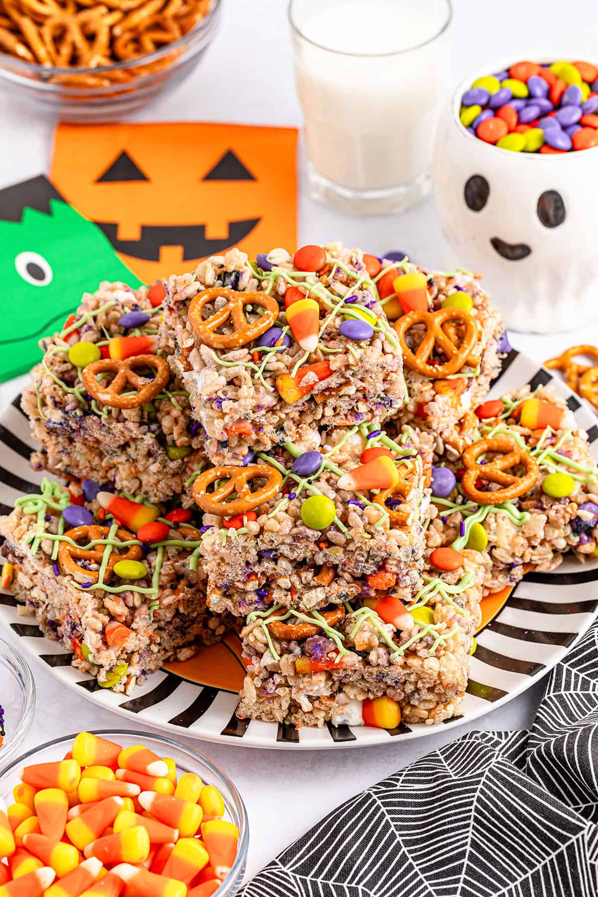 Finished Halloween Rice Krispie Treats piled on plate.