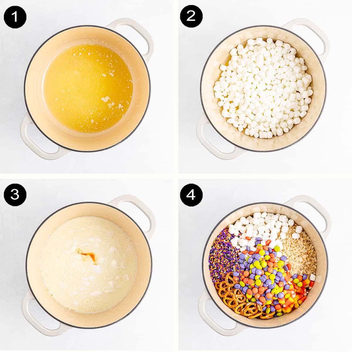 Prep steps for mixing rice krispie treats.