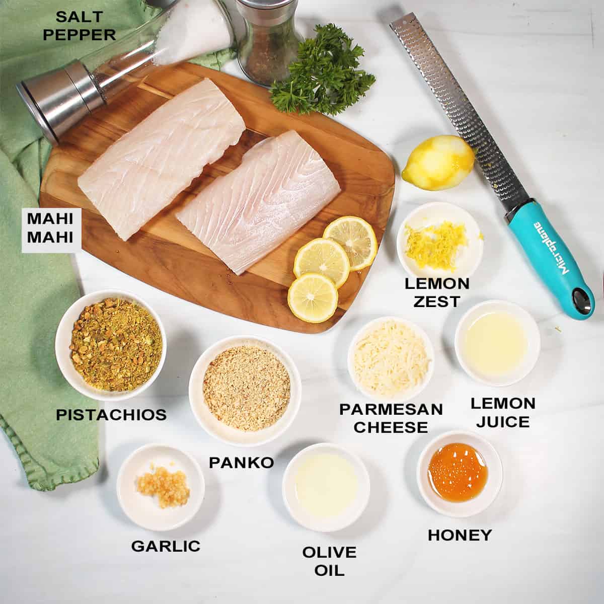 Ingredients for nut crusted baked mahi mahi.