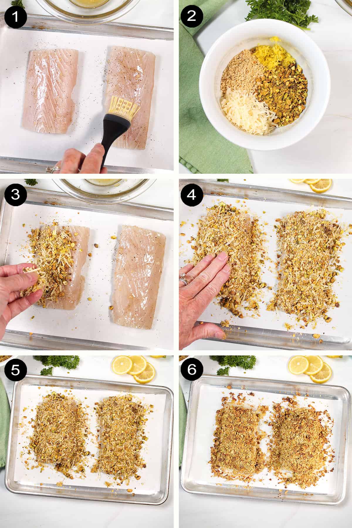 Steps to make baked mahi mahi with pistachio crust.