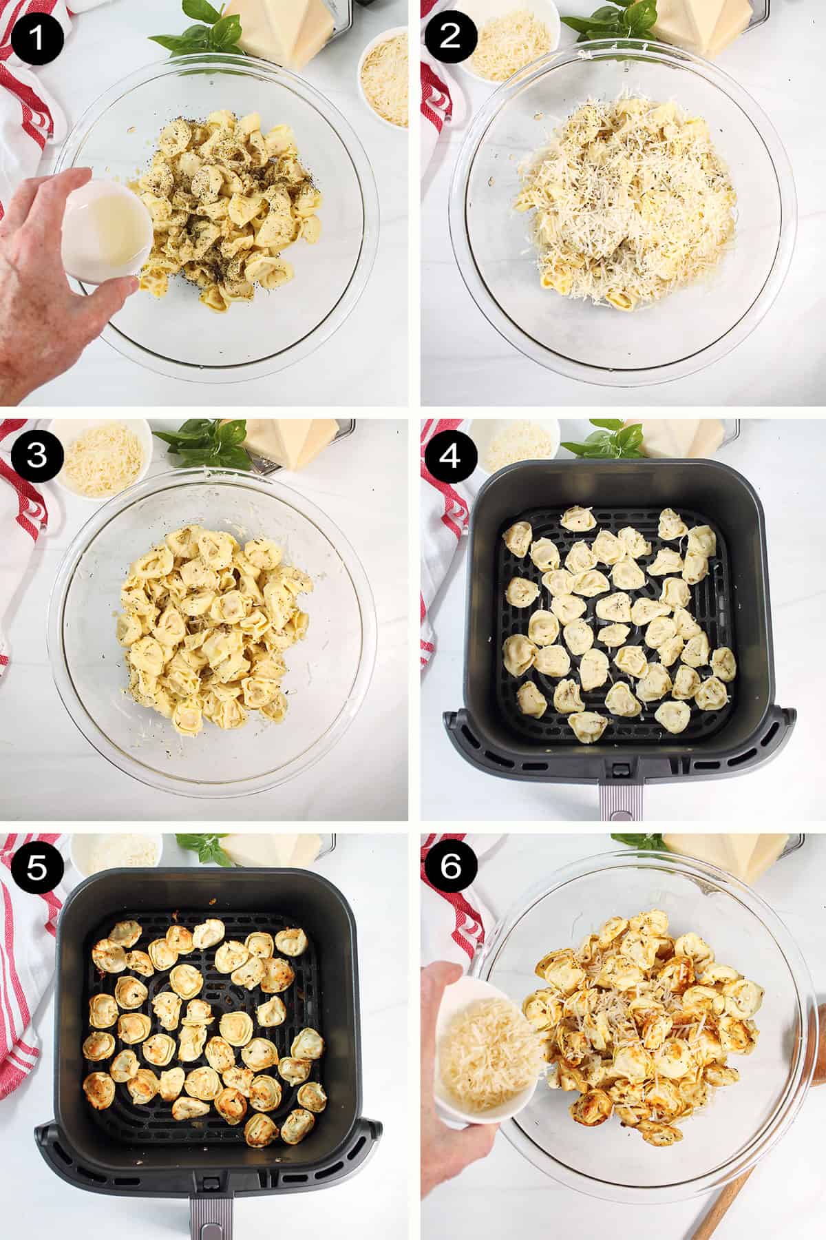 Steps to make fried tortellini in air fryer.