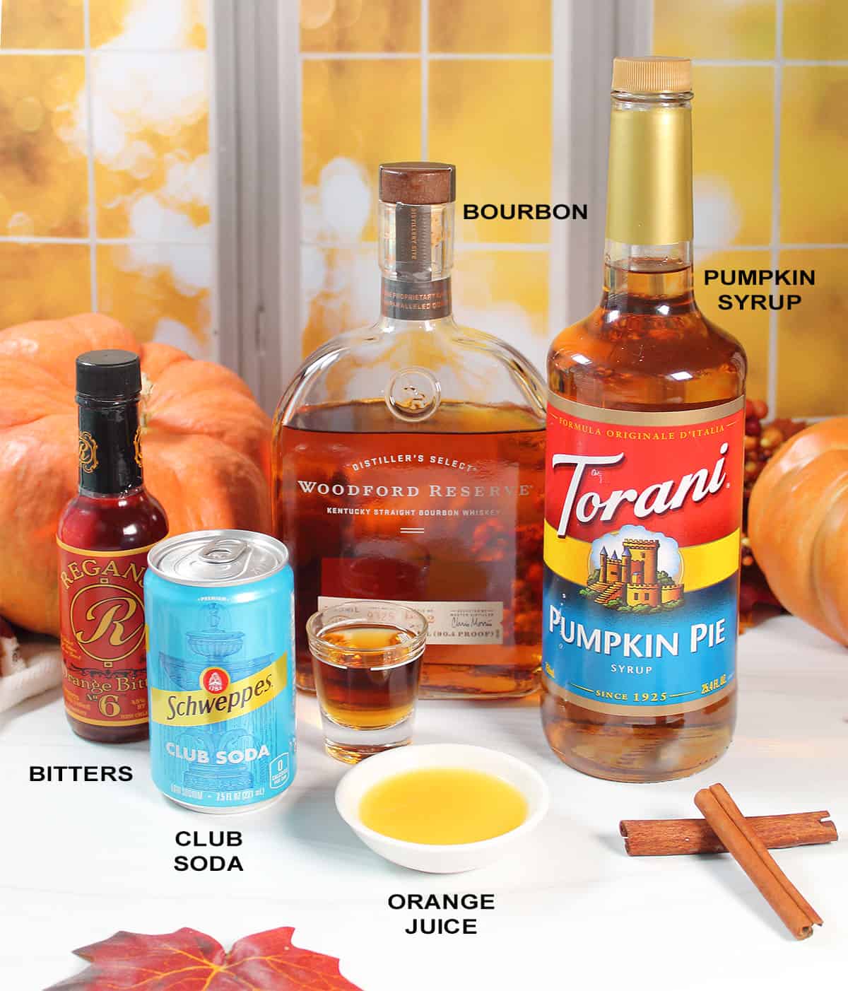 Ingredients for pumpkin bourbon cocktail.
