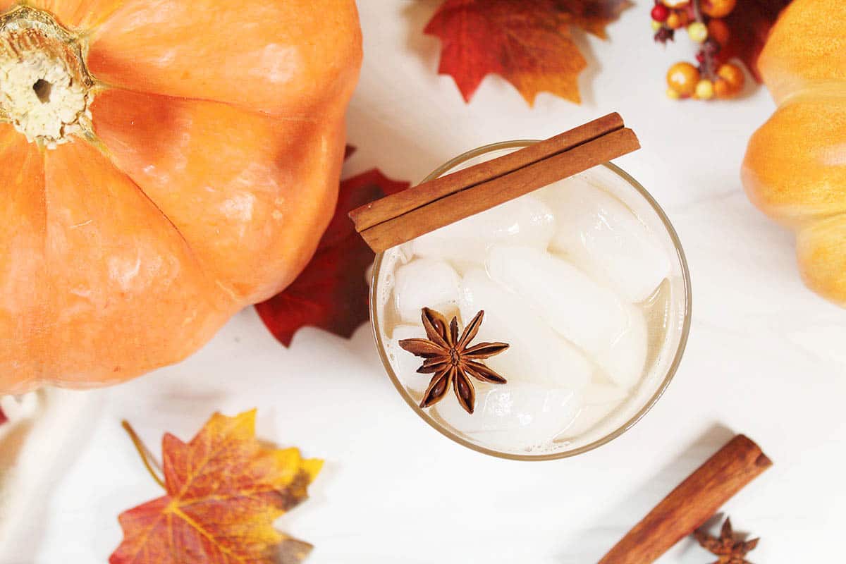 Overhead of bourbon smash with star anise and cinnamon stick.