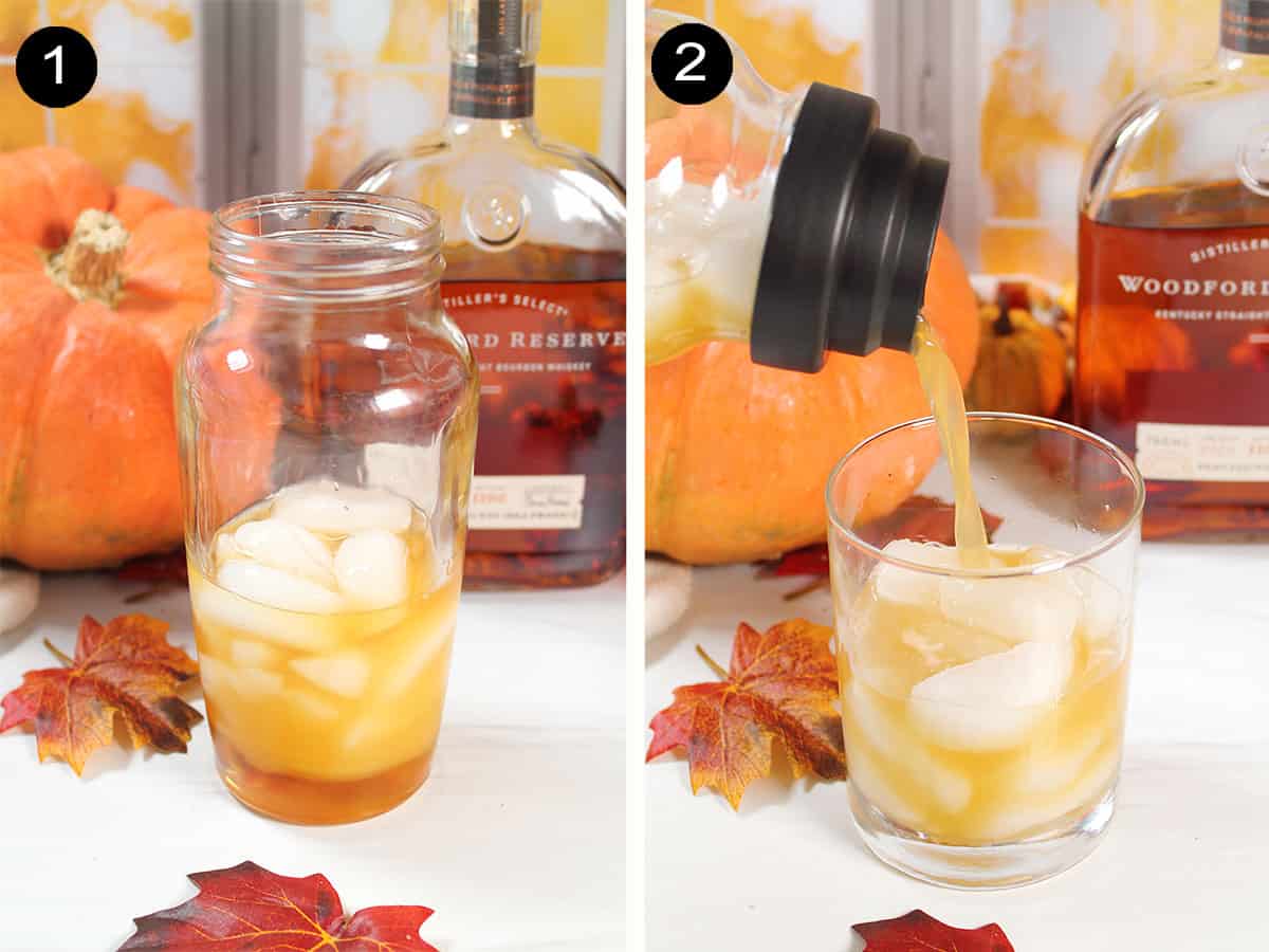 Steps to mix bourbon cocktail.