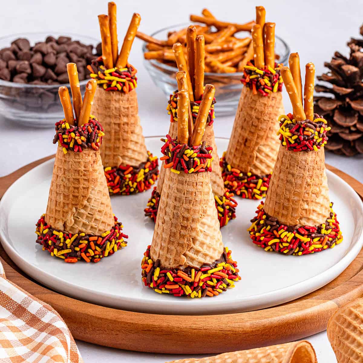 Teepee Sugar Cones on platter with ingredients in back.