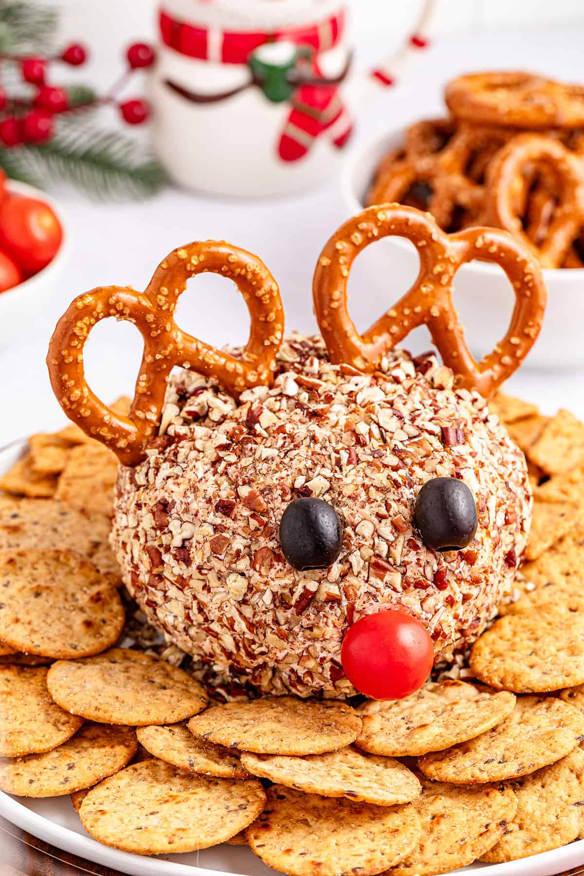 Closeup of Reindeer Cheese Ball on platter with crackers.