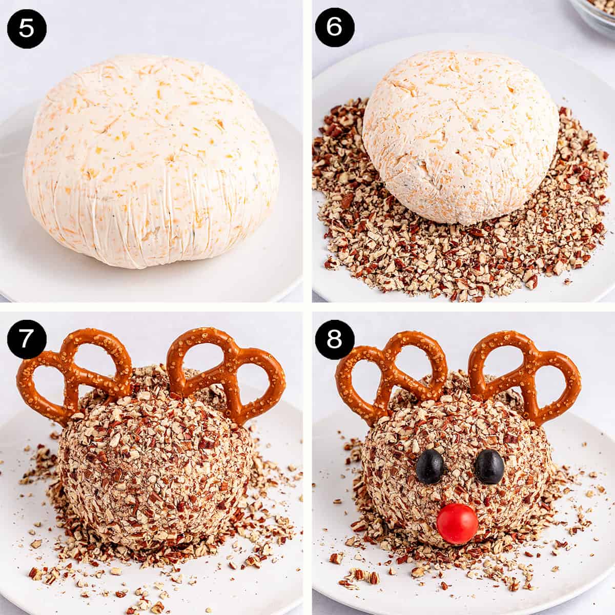 Steps to decorate reindeer cheese ball.