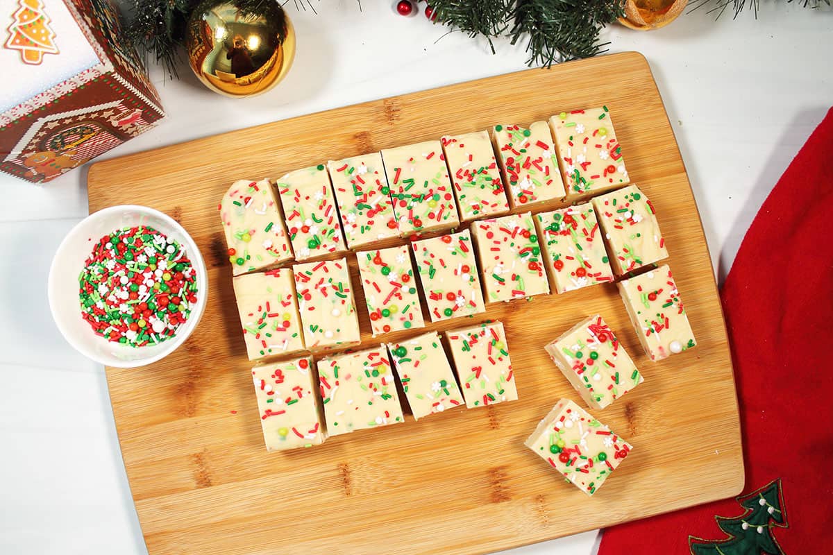 Slicing fudge on cutting board.