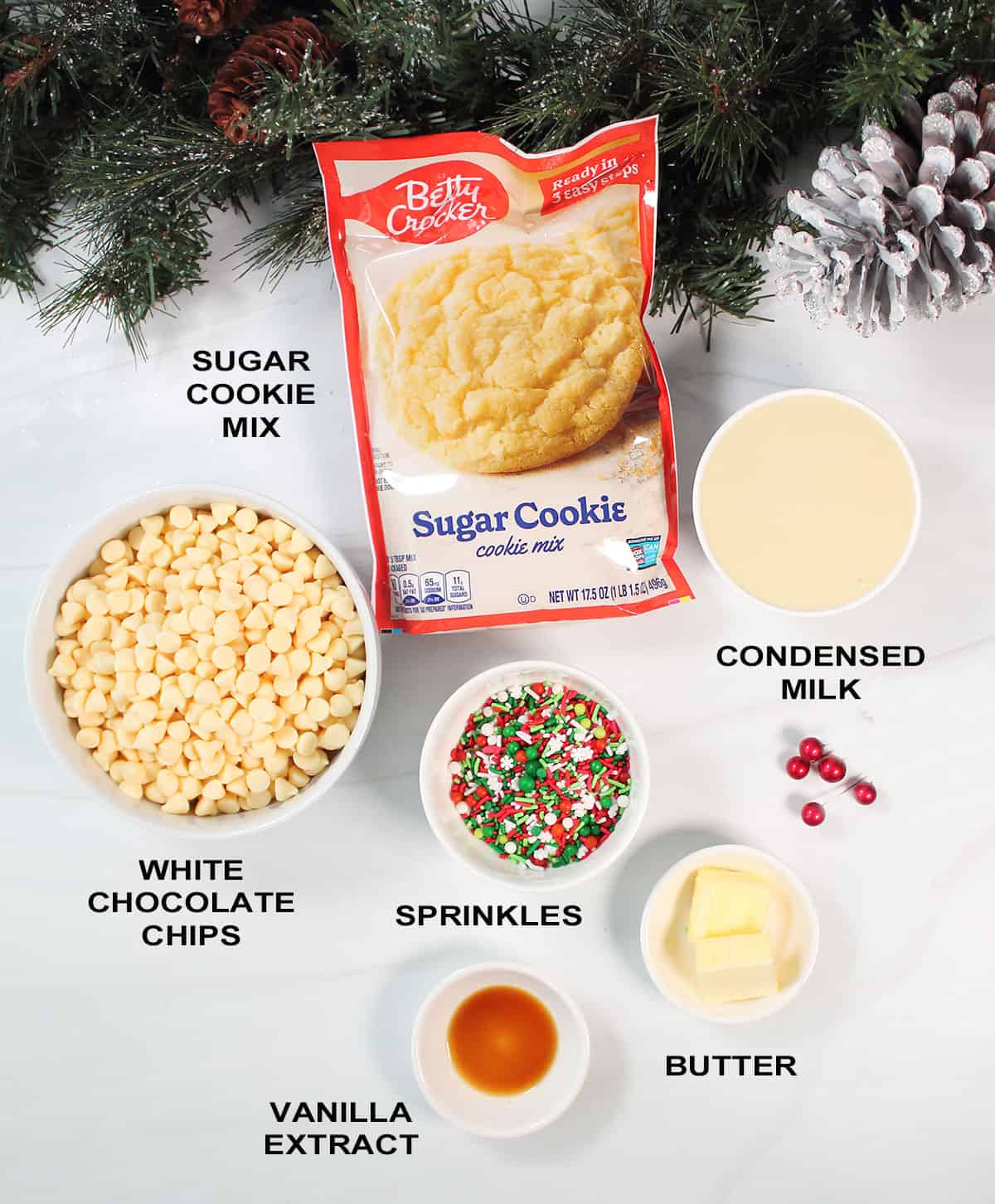 Ingredients for sugar cookie fudge recipe.